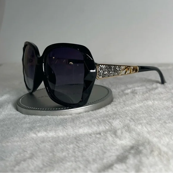 Black & Gold Oversized Square Sunglasses Polarized Tinted w Crystal Frames Nwt - Picture 10 of 13